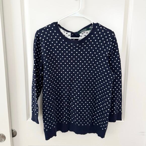 Lauren Ralph Lauren Modal Polka Dot Bow Back Sweater Blue White Medium - Picture 1 of 5